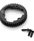 Beefy 44T M1.0 Hardened Black Steel Spur Gear For 1/8 Scale Maxx Slash RC Cars with screws included, angled view.
