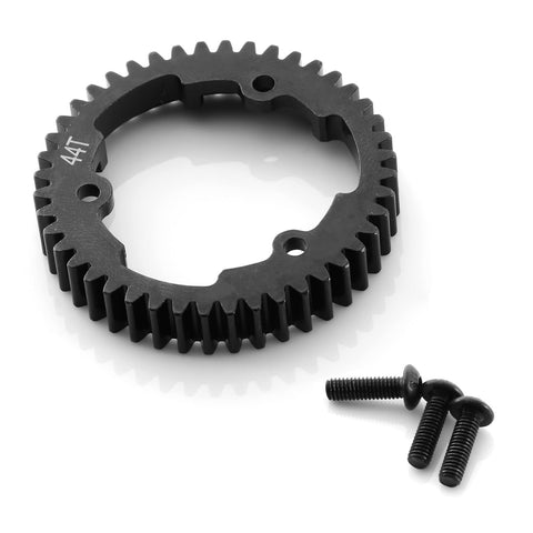 Beefy 44T M1.0 Hardened Black Steel Spur Gear For 1/8 Scale Maxx Slash RC Cars with screws included, angled view.