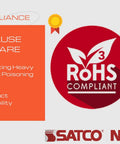 RoHS compliant badge with SATCO and NUVO logos, promoting safe, reliable LED A19 Light Bulbs 8.5W 50K Daylight White.