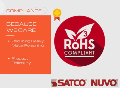 RoHS compliant badge with SATCO and NUVO logos, promoting safe, reliable LED A19 Light Bulbs 8.5W 50K Daylight White.