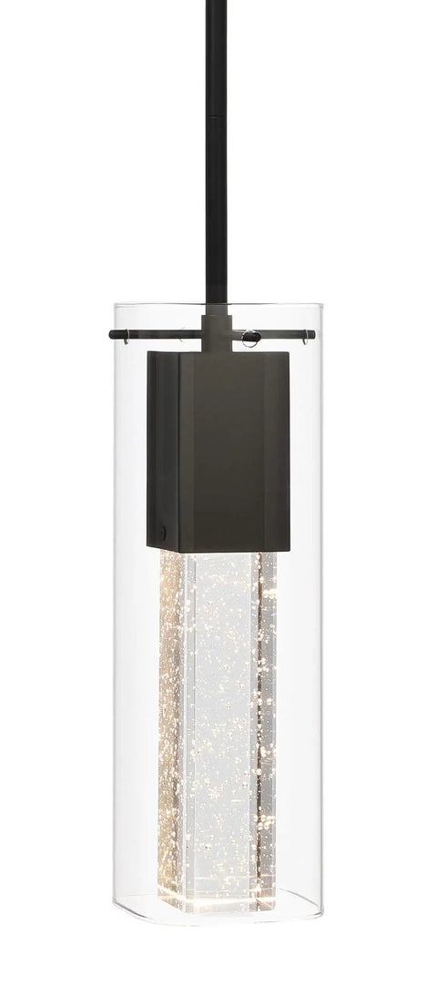 Close-up of modern black kitchen pendant light with square glass shade and bubble crystal column, ceiling fixture LED included.