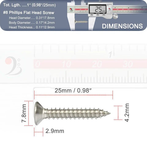 80 Piece Set Of 304 Stainless Steel Wood Screws With Flat Head Phillips Drive And Adjustable Countersink Kit Size 8 By 1 Inch Rustproof And Durable For DIY Wood Projects Pre Drill For Hard Wood Not For Metal. Close-up view showing dimensions and details of the screw.