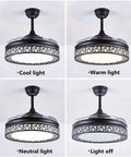 42 Inch Modern Ceiling Fan With Light And Retractable Blades showing cool, warm, neutral lights, and light off, black fandelier