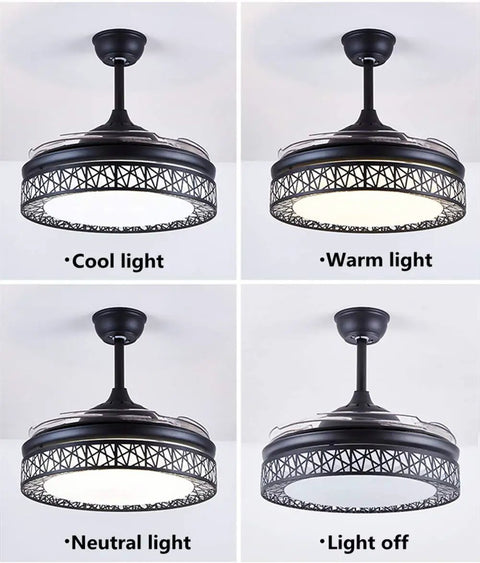 42 Inch Modern Ceiling Fan With Light And Retractable Blades showing cool, warm, neutral lights, and light off, black fandelier
