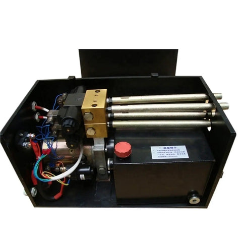 Rock Solid Hydraulic Power Pack Unit 12V And 24V DC Single Action Pump with metal components and wiring for tailgate lift use.