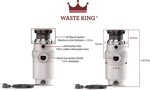 High Speed Kitchen Garbage Disposal With Power Cord, EZ Mount Quick Sink Installation, Removable Splash Guard dimensions diagram
