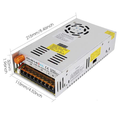 Adjustable DC Power Converter From AC 110V-220V To DC 0-48V At 10A, 480W, metal casing with cooling fan and dimensions shown