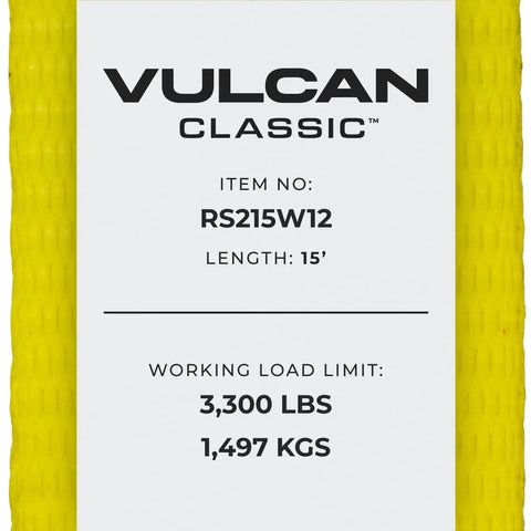 Label of Ratchet Straps With Wire J Hooks, 2In x 15Ft, Four Pack, Classic Yellow Webbing, 3,300 Lbs Safe Working Load