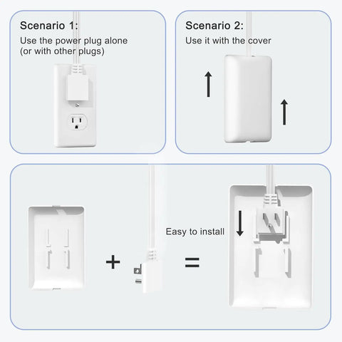 Hassle Free 3 Foot Flat Plug Extension Cord Power Strip With Three Upward Outlets Low Profile Design installation scenarios with detachable cover.
