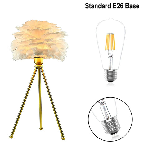 2 Pack White Feather Table Lamps With Metal Body And Gold Finish Tripod, E26 base bulb shown, chic modern design