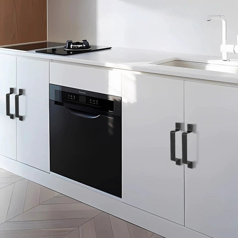 Kitchen with sleek black handles; Dope Black Barn Door Handle Set For Sliding Doors And More, Sleek Rustic Steel Hardware In A 2 Pack