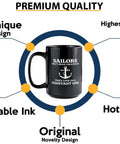 Image of a 15oz Black Sailor Coffee Mug with "Sailors Don't Need Vacations" text, highlighted features include durable ink and unique design.