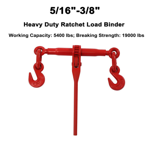 Heavy Duty Tie Down Kit With 5/16 To 3/8 Inch Chains And Ratchet Binders, 5400 Lbs Safe Working Load, red ratchet binder