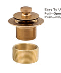 Push And Lock Bathtub Drain Stopper Kit With Trim Set And Single Hole Overflow Faceplate, Brushed Gold, shown open and closed