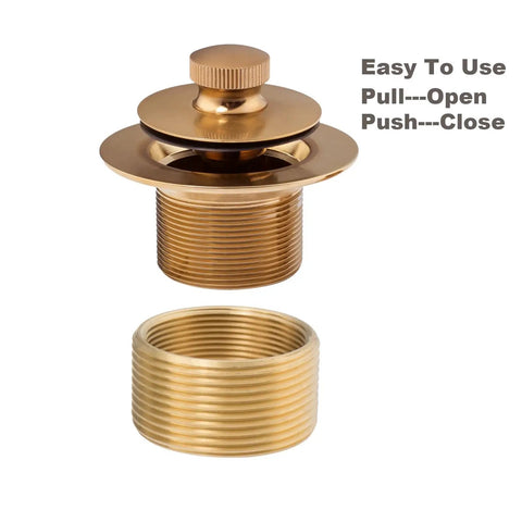 Push And Lock Bathtub Drain Stopper Kit With Trim Set And Single Hole Overflow Faceplate, Brushed Gold, shown open and closed