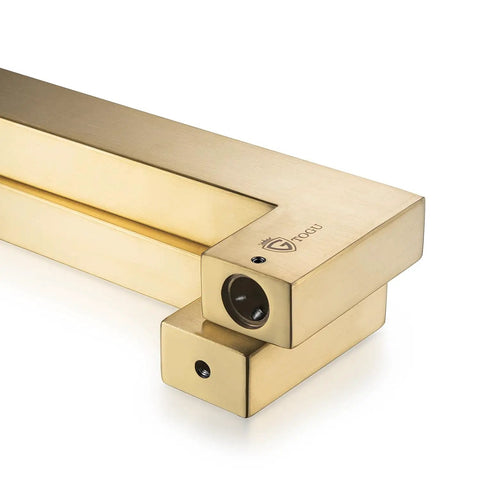 Heavy Duty Push Pull Door Handle In Stainless Steel 304 With Satin Gold Finish, 450mm 18 Inches Square Rectangle Mount For Solid Wood Timber Glass And Metal Doors, 1.2mm Wall Thickness, Boss Grade Build. close-up corner view