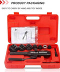 Hydraulic Knockout Punch Kit Pro Grade for Electrical Boxes and Metal Sheets in red carrying case with 6 dies, tools visible.