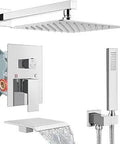 Shower System With Tub Spout And Square Rainfall Head, Handheld Sprayer, Wall Mount Tub Faucet, Valve And Trim Kit, Chrome Finish