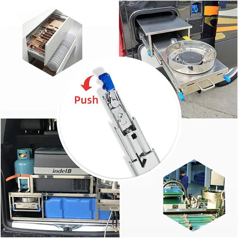 Beefy Heavy Duty 3 Fold Drawer Slides With Lock And Ball Bearing Runners, 120Kg Load Capacity, shown in various uses