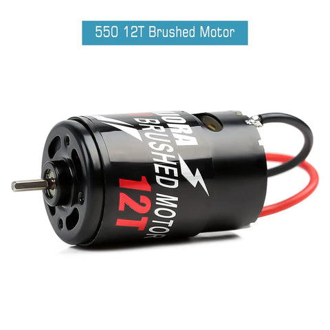 550 Brushed Waterproof 3-Slot Motor For 1/10 RC Car With 12T Pinion, showcasing the motor's detailed design and connectors.