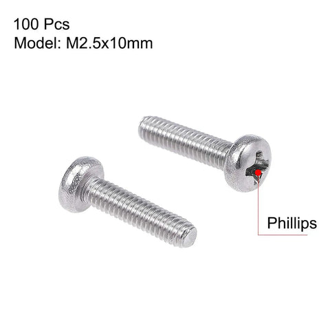 Real Deal M2.5X10mm Machine Screws Pan Phillips Cross Head 304 Stainless Steel Fasteners Bolts showing two screws with bright finish.
