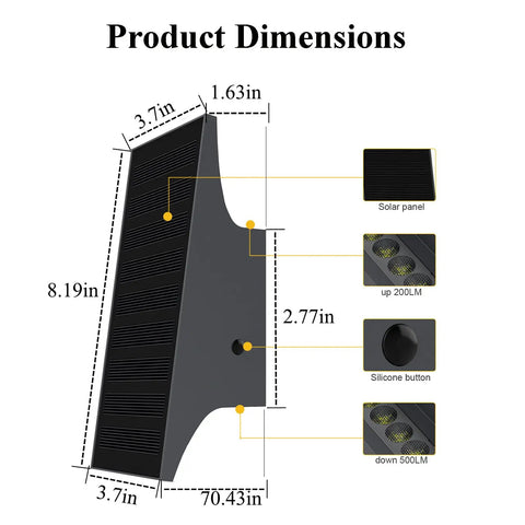Rock Solid Solar Wall Lights With Up And Down Next Level Glow Built For Outdoor Patios Featuring All Season LED Beads dimensions diagram showing size and features.