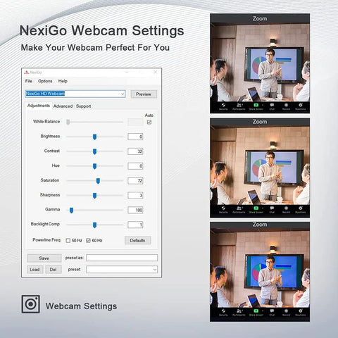 NexiGo HD Webcam settings interface displayed on a computer for the Solid 1080p Autofocus Webcam With Built In Mic For Laptop And Desktop.