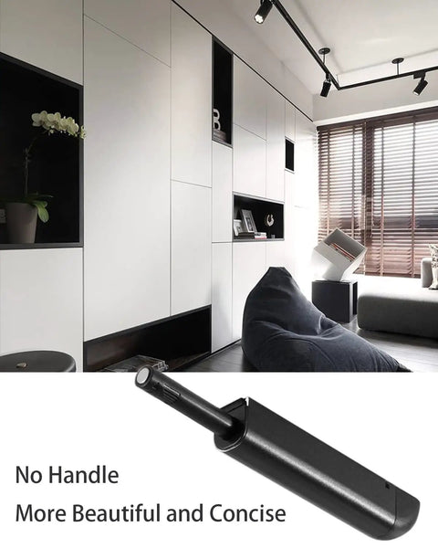 Real Deal Touch To Open Cabinet Hardware with smooth glide buffer set, black aluminum finish, ideal for modern flush cabinets.