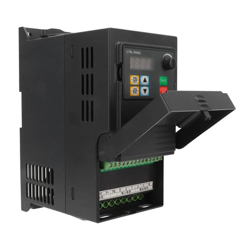 Beefed Up Variable Frequency Drive VFD 2.2kW Inverter Controller With Quick Cooling Heatsink And Quiet Fan For Safe ABS Protection 0 to 440V Output In Industrial Equipment Use, front view with control panel