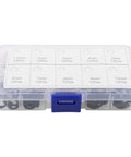 Transparent box of Must Have E Clip Kit 120Pcs External Circlips Snap Rings Set 1.5mm To 10mm Ten Sizes for bearings and gears.