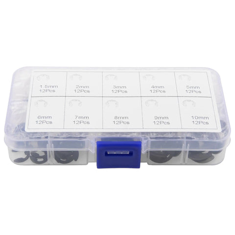 Transparent box of Must Have E Clip Kit 120Pcs External Circlips Snap Rings Set 1.5mm To 10mm Ten Sizes for bearings and gears.