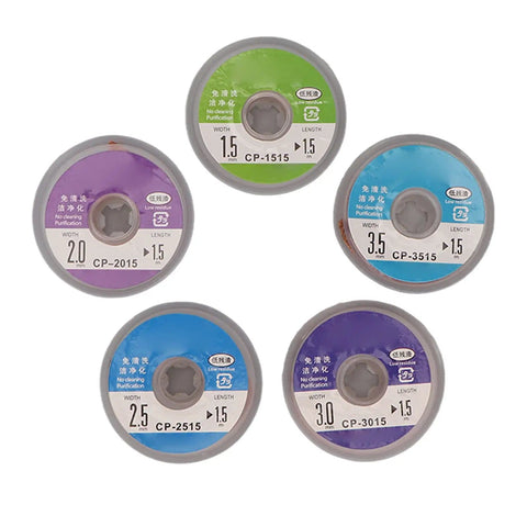 Solder Wick Set 5 Pcs 1.5m Each For Fast Heat Transfer Copper Wire Solder Removal, Flat Braid Design, Pro Grade Soldering