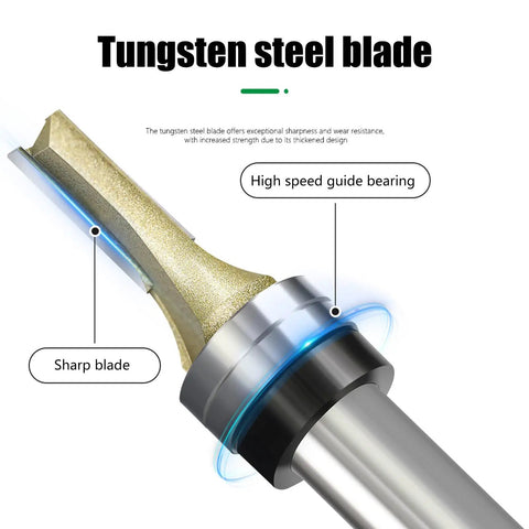 Close-up of Top Tier 12.7Mm Half Inch Shank Router Bit Double Ball Bearing Design with sharp tungsten steel blade.