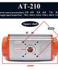 Heavy Duty Pneumatic Ball Valve Actuator Delivers Lightning Fast 90 Degree Quarter Turn Action Reliable Air Cylinder Drive For Shop Floor Setup Foolproof Control Smooth Daily Performance AT210 image with square shaft and dimensions.