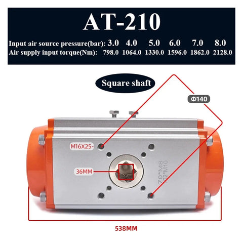 Heavy Duty Pneumatic Ball Valve Actuator Delivers Lightning Fast 90 Degree Quarter Turn Action Reliable Air Cylinder Drive For Shop Floor Setup Foolproof Control Smooth Daily Performance AT210 image with square shaft and dimensions.