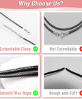 Comparison of black waxed cotton necklace cords with extendable clasp and smooth wax rope for jewelry making, beading, and charms DIY.