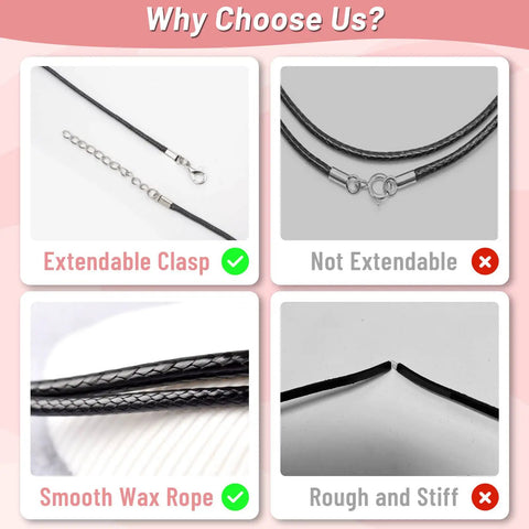 Comparison of black waxed cotton necklace cords with extendable clasp and smooth wax rope for jewelry making, beading, and charms DIY.