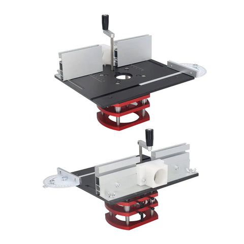 Professional Grade Beefy Aluminum Router Lift Base With Reinforced Top Plate For Woodworking Tables fits 64 to 66 mm motors, adjustable height.
