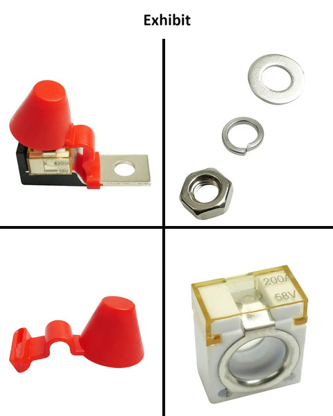 Beefy Marine Battery Fuse Block With 200A Fuse, 58V DC Max, Single Stud 5/16 Inch M8 components; red cap, fuse, and washers.
