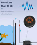 Pawfly aquarium air pump, front view, for up to 5 gal tanks; ultra-quiet with tubing, air stones, and check valves.