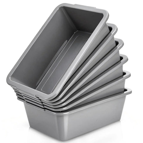 Stacked six pack plastic bus tubs 8L capacity for restaurant and food service use, durable gray totes for dishwashing.