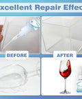 "30g Glass Glue That Delivers A Fast, Rock Solid Bond For Glass, Acrylic, Mirror And More, Waterproof, Dries Clear, Quick Cure, Ideal For Crafting, Jewelry, Rhinestones, Crystals, Glasses And DIY Projects shown with before and after repair effects on a broken glass."