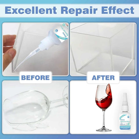 "30g Glass Glue That Delivers A Fast, Rock Solid Bond For Glass, Acrylic, Mirror And More, Waterproof, Dries Clear, Quick Cure, Ideal For Crafting, Jewelry, Rhinestones, Crystals, Glasses And DIY Projects shown with before and after repair effects on a broken glass."