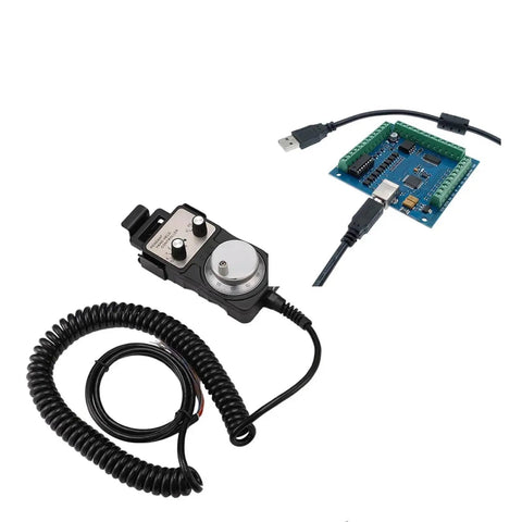 Green 4 Axis 100KHz USB Motion Control Board with Pendant Handwheel MPG for CNC Systems, showing board and handwheel on white background.