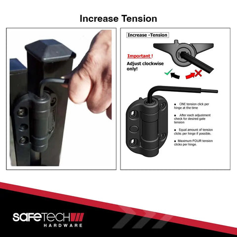 Image showing adjustment procedure for Self Closing Gate Hinges Heavy Duty Spring Adjustable Tension Pool Safety Square Post.