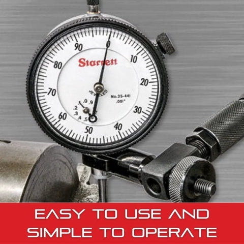 Starrett dial test indicator with back plunger, white-face gauge, 0-100 reading, mounted on clamp