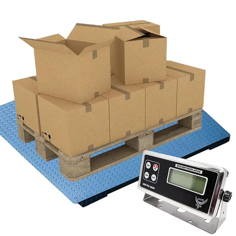 Heavy Duty Digital Floor Scale 48X72 Inch Pallet Weight Platform with Rapid Digital Indicator displaying stacked boxes.