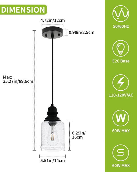 Slick Five Point Five Inch Seeded Glass Mini Pendant Light Featuring Badass Black Metal Hanging Fixtures For Kitchen Island And Dining Room dimensions diagram.