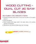 Image of Bi-Metal Dual Cut Wood Jig Saw Blade For Burr-Free Cuts, 2 Inch Length, 3/16 Inch Width, 0.050 Inch Thickness, 9-19 TPI, Alternate Set Type, 2 Pack BU2DCS-2 with usage instructions.