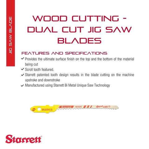 Image of Bi-Metal Dual Cut Wood Jig Saw Blade For Burr-Free Cuts, 2 Inch Length, 3/16 Inch Width, 0.050 Inch Thickness, 9-19 TPI, Alternate Set Type, 2 Pack BU2DCS-2 with usage instructions.
